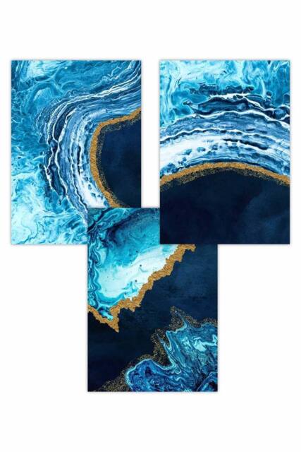 ARTZE Set of 3 Abstract Navy, Blue & Gold Oceans Art Posters in Navy - Size: W50 cm x H70 cm - image 1