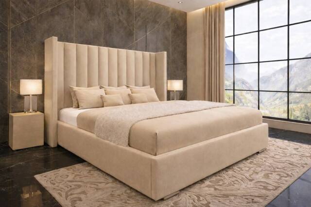 "PARADISE BEDS LTD Ottoman Winged Bed Gas Lift Storage Plush Velvet 54"" Headboard in Beige - Size: King" - image 1