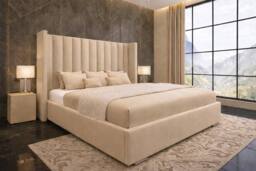 "PARADISE BEDS LTD Ottoman Winged Bed Gas Lift Storage Plush Velvet 54"" Headboard in Beige - Size: King" - thumbnail 1