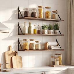 Levede Floating Shelves Wall Wood Rustic with Brackets Vintage Brown Set of 3 - thumbnail 3