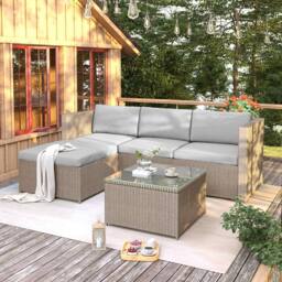 FENCHILIN Garden Corner Sofa Set Rattan Patio L-Shaped Sofa & Table Lounge Set in Beige - thumbnail 2