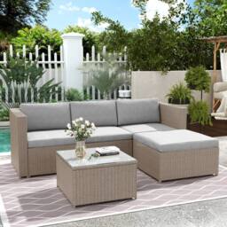 FENCHILIN Garden Corner Sofa Set Rattan Patio L-Shaped Sofa & Table Lounge Set in Beige - thumbnail 7