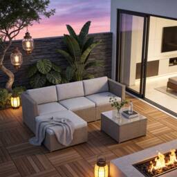 FENCHILIN Garden Corner Sofa Set Rattan Patio L-Shaped Sofa & Table Lounge Set in Beige - thumbnail 1