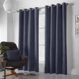 Luxury Living Velvet Chenille Eyelet Curtains Ready Made Pair in Navy - Size: 142 cm width x 137 cm drop