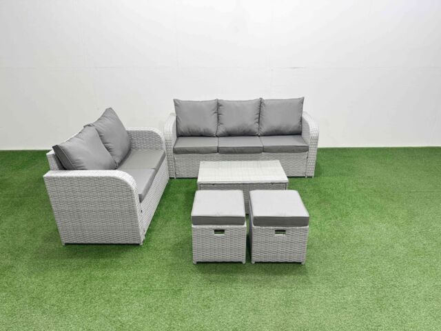 Fimous 7 Seater PE Rattan Wicker Garden Furniture Patio Conservatory Sofa Set with Rectangular Coffee Table 3 Seater Sofa Love Sofa 2 Stools - image 1