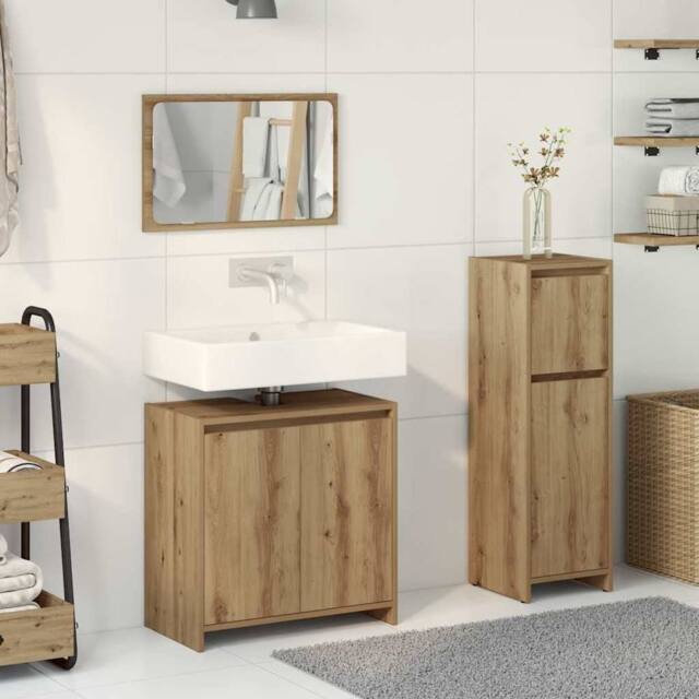 Berkfield Home Durable 3 Piece Bathroom Furniture Set Artisan Oak Engineered Wood in Brown - image 1