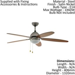 Loops Remote Control Ceiling Fan & Light Satin Nickel Steel 1 x 60W E14 Bulb in Metallics - thumbnail 2