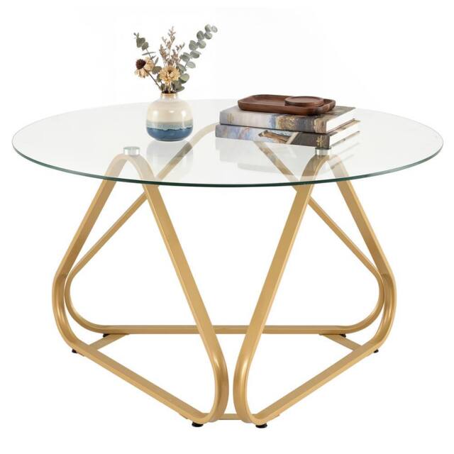 Costway Tempered Glass Coffee Table Round Accent Table Center Cocktail Table in Gold - image 1