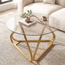 Costway Tempered Glass Coffee Table Round Accent Table Center Cocktail Table in Gold - thumbnail 3