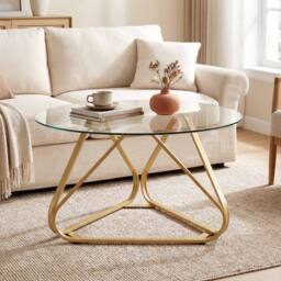 Costway Tempered Glass Coffee Table Round Accent Table Center Cocktail Table in Gold - thumbnail 8
