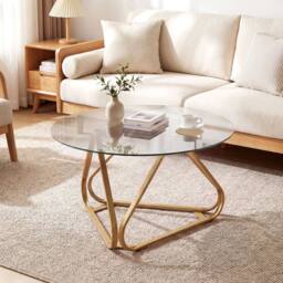 Costway Tempered Glass Coffee Table Round Accent Table Center Cocktail Table in Gold - thumbnail 9