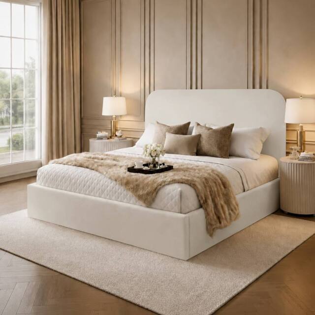 Desire Deco Plush Velvet Elysium Upholstered Bed Frame in Cream - Size: Double - image 1