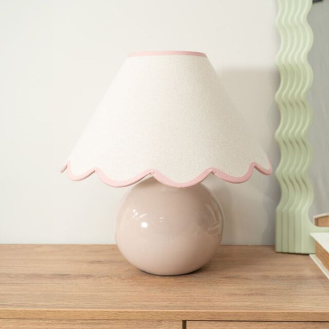 ValueLights Bosco Natural Stone Globe Ceramic Table Lamp with Linen Scalloped Lamp Shade in Pink - image 1