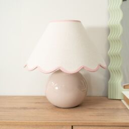 ValueLights Bosco Natural Stone Globe Ceramic Table Lamp with Linen Scalloped Lamp Shade in Pink