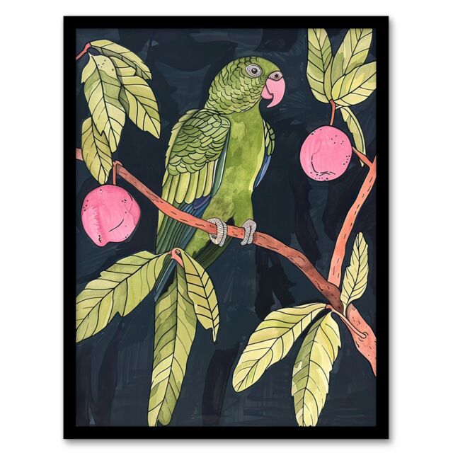 "Artery8 Green Parakeet Parrot on Plum Fruit Tree Branch Framed Wall Art - Size: W12"" x H16""" - image 1