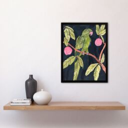 "Artery8 Green Parakeet Parrot on Plum Fruit Tree Branch Framed Wall Art - Size: W12"" x H16""" - thumbnail 4
