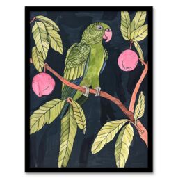 "Artery8 Green Parakeet Parrot on Plum Fruit Tree Branch Framed Wall Art - Size: W12"" x H16""" - thumbnail 1