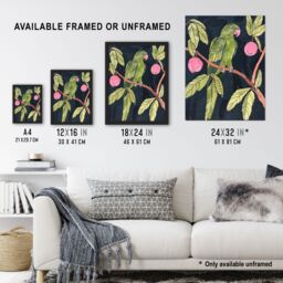 "Artery8 Green Parakeet Parrot on Plum Fruit Tree Branch Framed Wall Art - Size: W12"" x H16""" - thumbnail 3