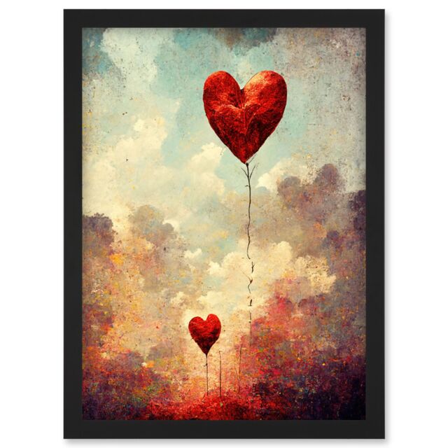 Artery8 Modern Abstract Floating Red Love Heart Balloons Artwork Framed Wall Art Print A4 in Black - image 1