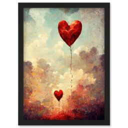 Artery8 Modern Abstract Floating Red Love Heart Balloons Artwork Framed Wall Art Print A4 in Black - thumbnail 1