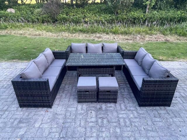 Fimous Outdoor Wicker Garden Furniture Rattan Lounge Sofa Set Patio Rectangular Dining Table 2 Stool in Dark Grey - image 1