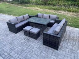 Fimous Outdoor Wicker Garden Furniture Rattan Lounge Sofa Set Patio Rectangular Dining Table 2 Stool in Dark Grey - thumbnail 2