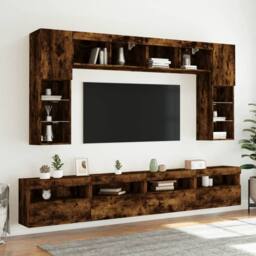 Berkfield Home TV Wall Cabinet with LED Lights Smoked Oak 60x30x40 cm in Brown - Size: 60 x 30 x 40 cm - thumbnail 6