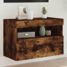 Berkfield Home TV Wall Cabinet with LED Lights Smoked Oak 60x30x40 cm in Brown - Size: 60 x 30 x 40 cm - thumbnail 2