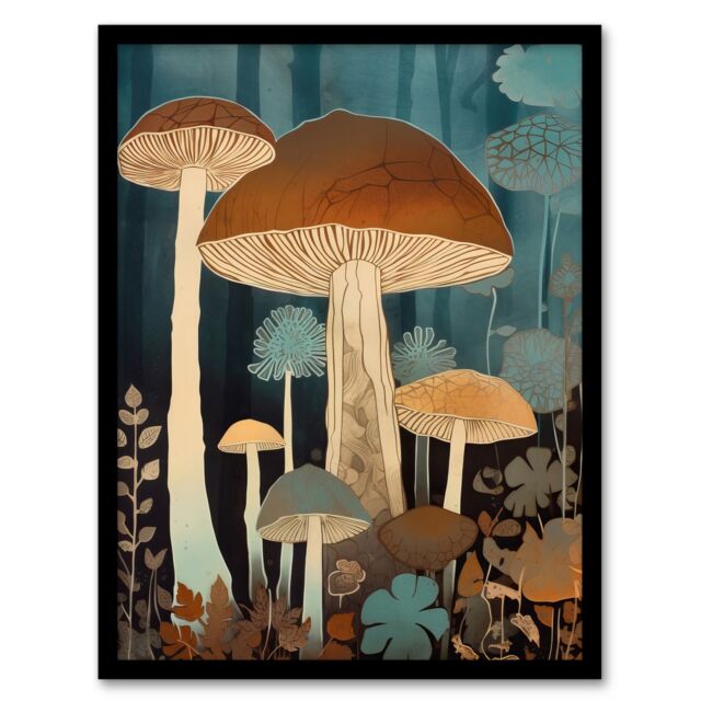 Artery8 Cep Mushroom Earthy Aesthetic Modern Blue Brown Artwork Framed Wall Art Print A4 in Black - image 1