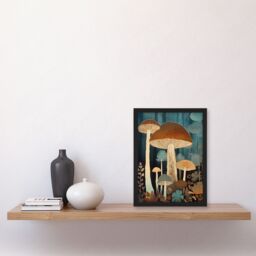 Artery8 Cep Mushroom Earthy Aesthetic Modern Blue Brown Artwork Framed Wall Art Print A4 in Black - thumbnail 4