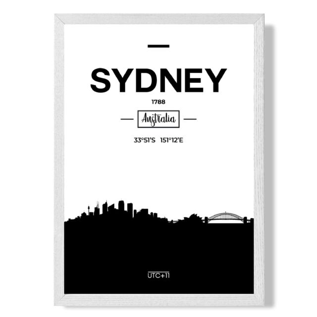 ARTZE Sydney Black & White City Skyline Framed Print SIZE: A3 with White Frame - Size: A4 - image 1