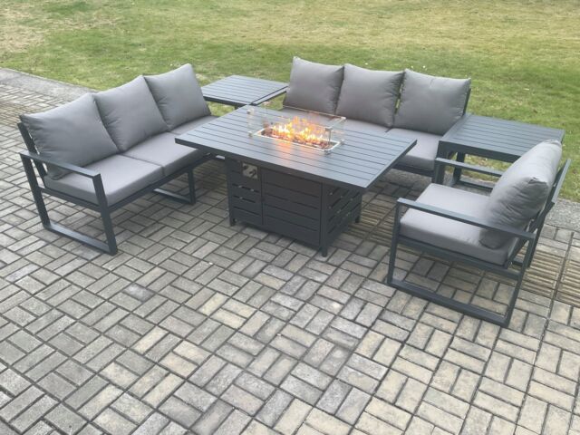 Fimous Aluminium Outdoor Lounge Sofa Garden Furniture Sets Gas Fire Pit Dining Table Set with 2 Side Tables Dark Grey - image 1