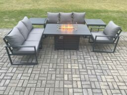 Fimous Aluminium Outdoor Lounge Sofa Garden Furniture Sets Gas Fire Pit Dining Table Set with 2 Side Tables Dark Grey - thumbnail 2
