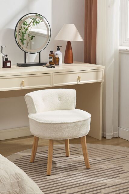 Living and Home Teddy Fleece Dressing Table Stool with Solid Wood Legs in White - image 1