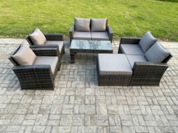 Fimous 7 Seater Dark Grey Mixed High Back Rattan Sofa Set Coffee Table Garden Furniture Outdoor Patio With Love Sofa Arm Chairs - thumbnail 1