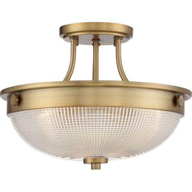 Loops 2 Bulb Semi Flush UpLight Prismatic Glass Dome Shade Weathered Brass LED E27 60W in Clear