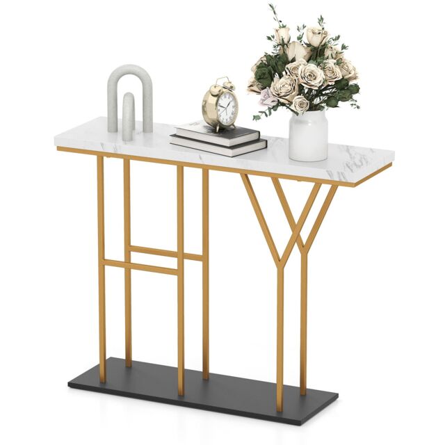 Costway 100 CM Console Table 2-Tier Faux Marble Entryway Table in White - image 1