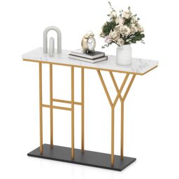 Costway 100 CM Console Table 2-Tier Faux Marble Entryway Table in White - thumbnail 1