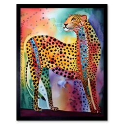 "Artery8 Wall Art Print Colourful Cheetah Folk Art Watercolour Painting Art Framed in Black - Size: W12"" x H16""" - thumbnail 1