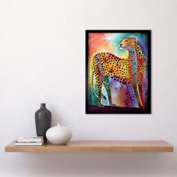 "Artery8 Wall Art Print Colourful Cheetah Folk Art Watercolour Painting Art Framed in Black - Size: W12"" x H16""" - thumbnail 2