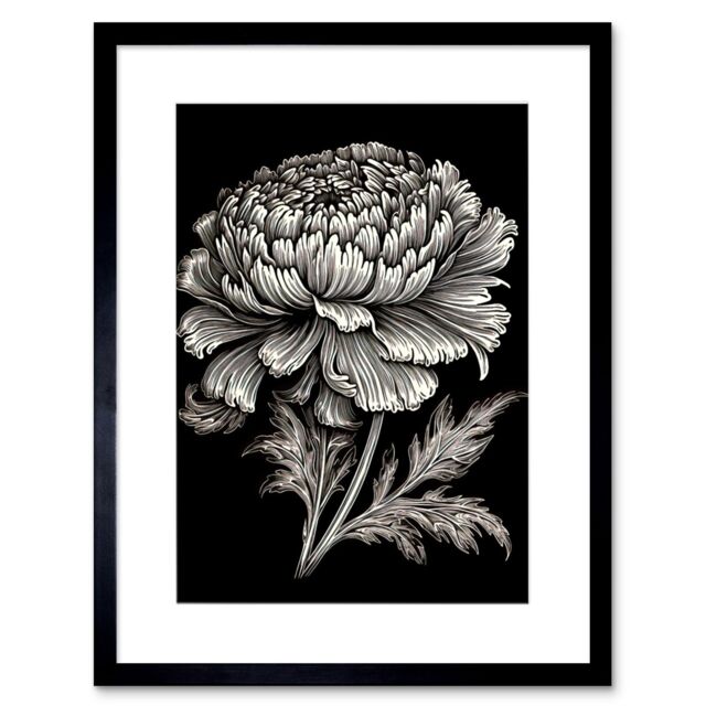 "Artery8 Wall Art Print A Single Marigold Flower Black & White Linocut Artwork Framed 9X7 Inch - Size: W7"" x H9""" - image 1
