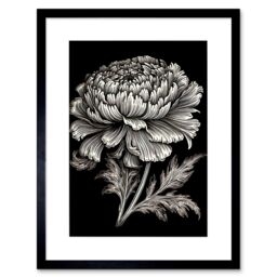 "Artery8 Wall Art Print A Single Marigold Flower Black & White Linocut Artwork Framed 9X7 Inch - Size: W7"" x H9""" - thumbnail 1