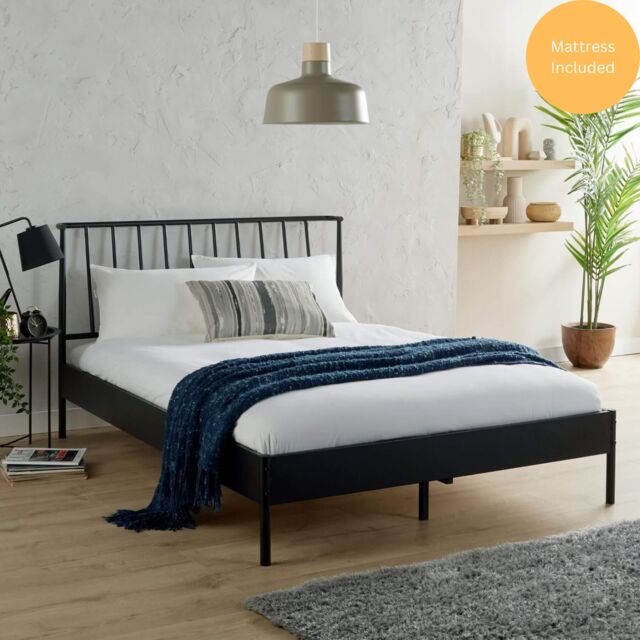 Home Source Metal Frame Bed & Mattress Bedroom Furniture Headboard Black - Size: King - image 1