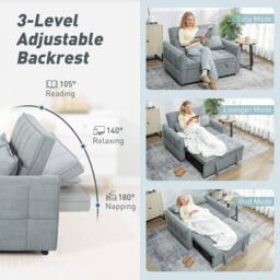 HOMCOM 2 Seater Sofa Bed, 3-in-1 Sleeper Sofa with Adjustable Backrest in Grey - thumbnail 5
