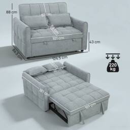 HOMCOM 2 Seater Sofa Bed, 3-in-1 Sleeper Sofa with Adjustable Backrest in Grey - thumbnail 3