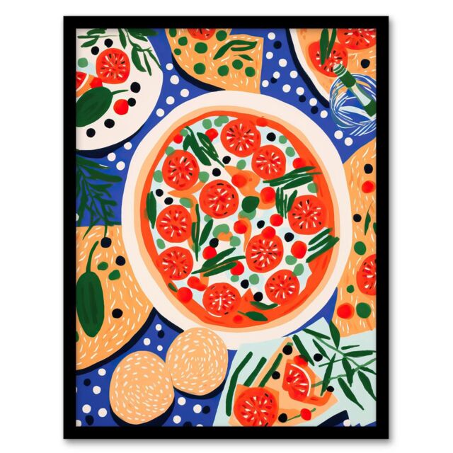 "Wee Blue Coo Wall Art Print Margherita Mezze Pizza Night Red Orange Blue Abstract Oil Painting Art Framed - Size: W12"" x H16""" - image 1