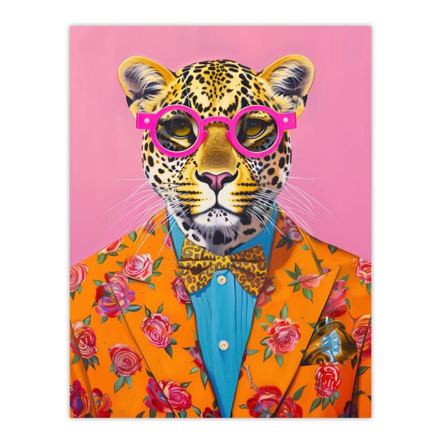 "Artery8 Dandy Leopard Floral Suit Glasses Bow Tie Vibrant Wall Art Print - Size: W12"" x H16""" - image 1