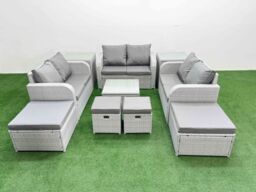 Fimous PE Rattan Love Sofa Set with Coffee Table 4 Footstools 2 Side Tables in Light Grey - thumbnail 1