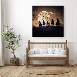 "Warren Reed - Designer A Group Of Witches Riding Broomsticks Through The Night Canvas in Brown - Size: W30"" x H30""" - thumbnail 3