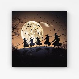 "Warren Reed - Designer A Group Of Witches Riding Broomsticks Through The Night Canvas in Brown - Size: W30"" x H30""" - thumbnail 1